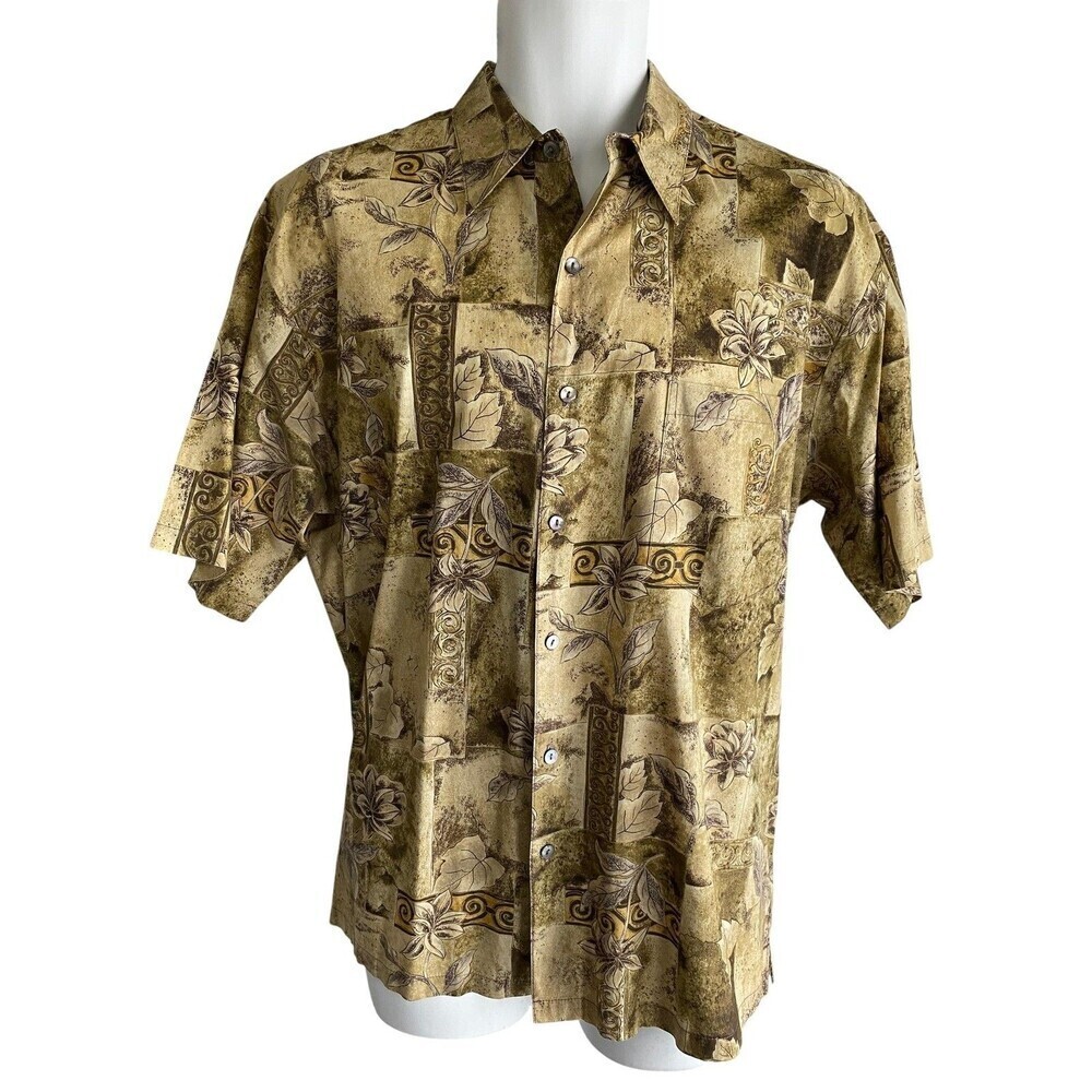 Tori Richard Shirt Mens Medium Beige Floral Hawaiian Cotton Lawn Button Front